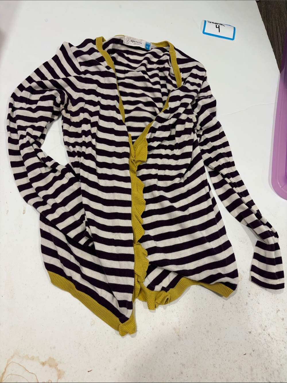 sparrow Black & White Striped Cardigan with Mustard Trim
